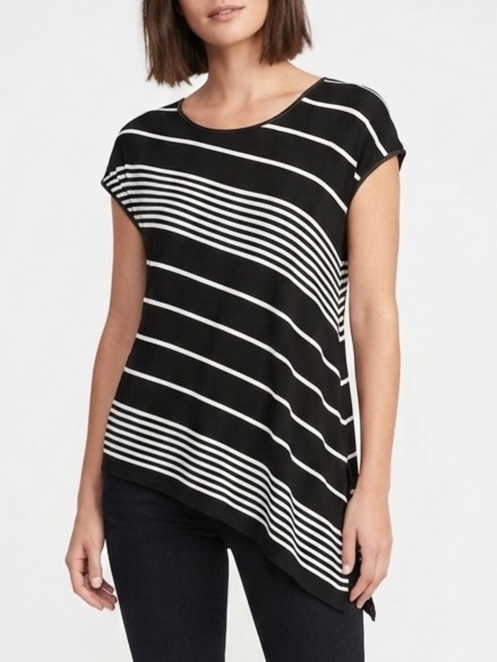 MAX STUDIO Asymmetrical Top Shirt Tunic Black White Diagonal Stripes Size Medium